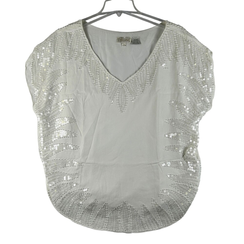 Miss Me Blouse Womens Medium Sequin Beaded Dolman Tunic Top Party Lined Y2K